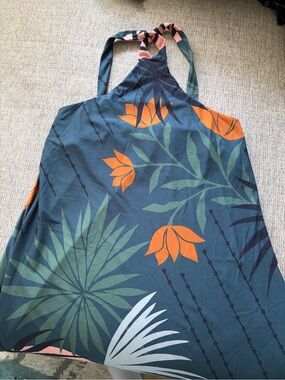Zinzane Teal Halter Asymmetrical Dress with Orange Floral Accents